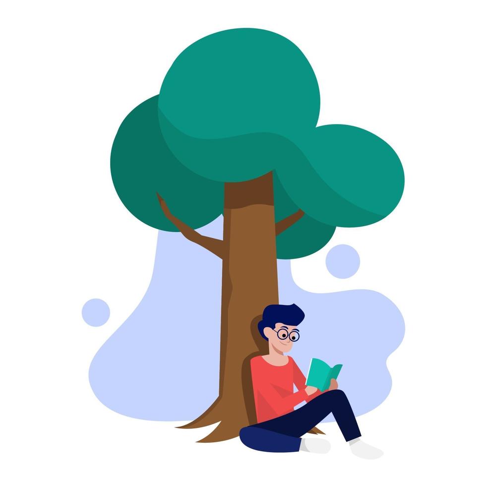 junger Mann, der unter einem Baum sitzt und ein Buch liest, Vektorillustration vektor