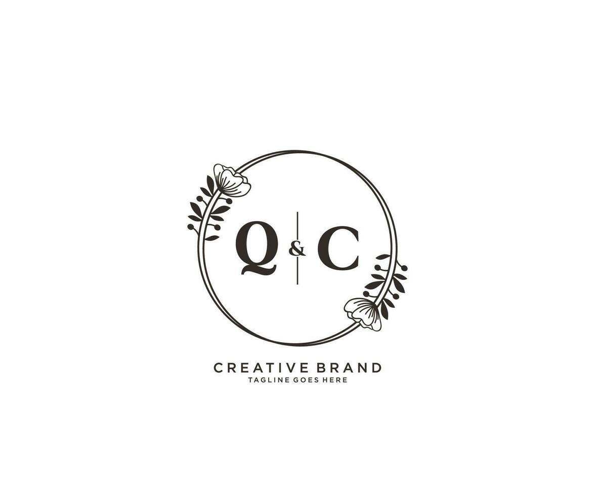 första qc brev hand dragen feminin och blommig botanisk logotyp lämplig för spa salong hud hår skönhet boutique och kosmetisk företag. vektor