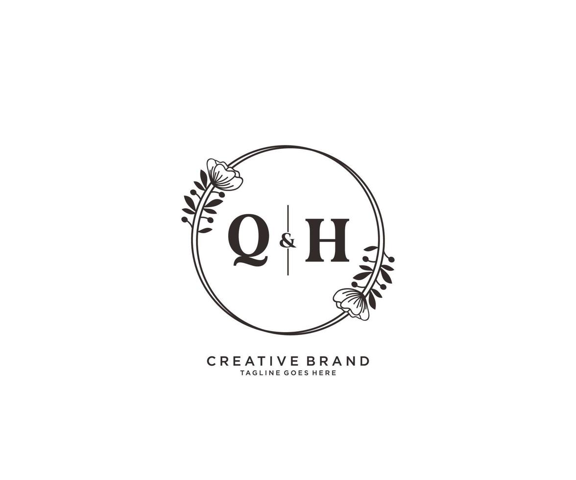 första qh brev hand dragen feminin och blommig botanisk logotyp lämplig för spa salong hud hår skönhet boutique och kosmetisk företag. vektor