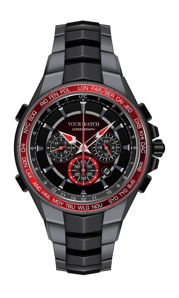 realistisk röd svart stål klocka klocka chronograph design mode för män lyxig elegans på vit bakgrund vektorillustration. vektor