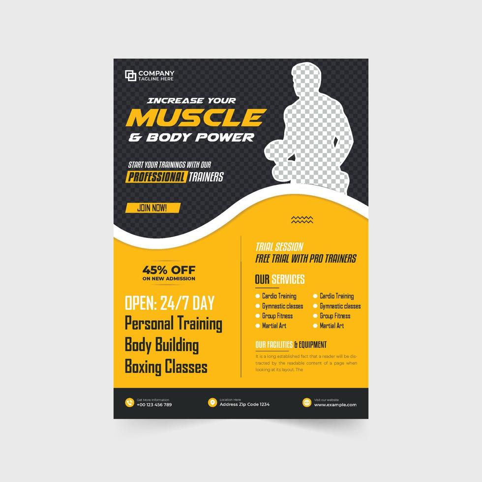 Gym Träning Centrum PR flygblad design med rabatt sektion. kondition och bodybuilding inleda affisch layout vektor med Foto platshållare. Gym företag annons flygblad för marknadsföring.