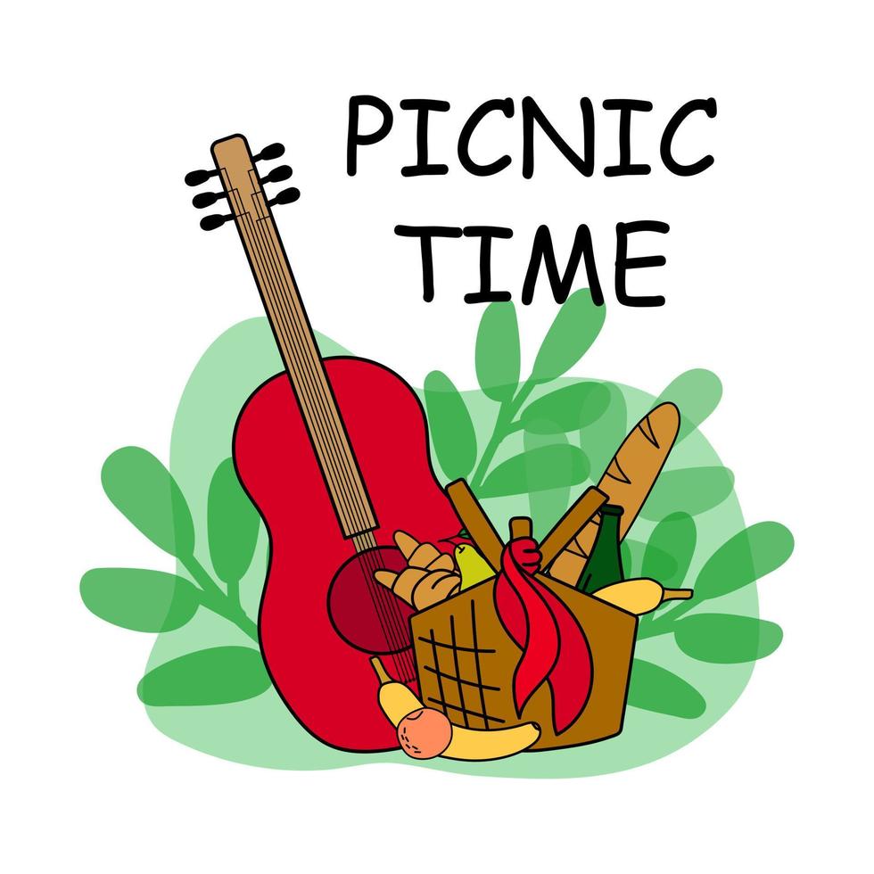 sommar picknick fest inbjudan kort med mat, frukter. vektor platt illustrationer