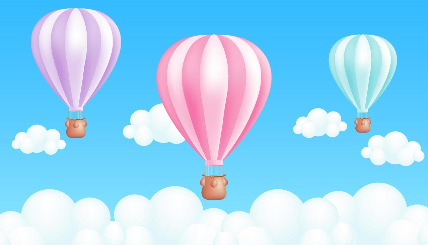 realistisch 3d Karikatur Vektor Illustration von ein gestreift heiß Luft Ballon. Pastell- Farben. perfekt zum draussen Aktivitäten, Tourismus, und Sommer- Spaß, Festival Banner und Kinder- Abbildungen