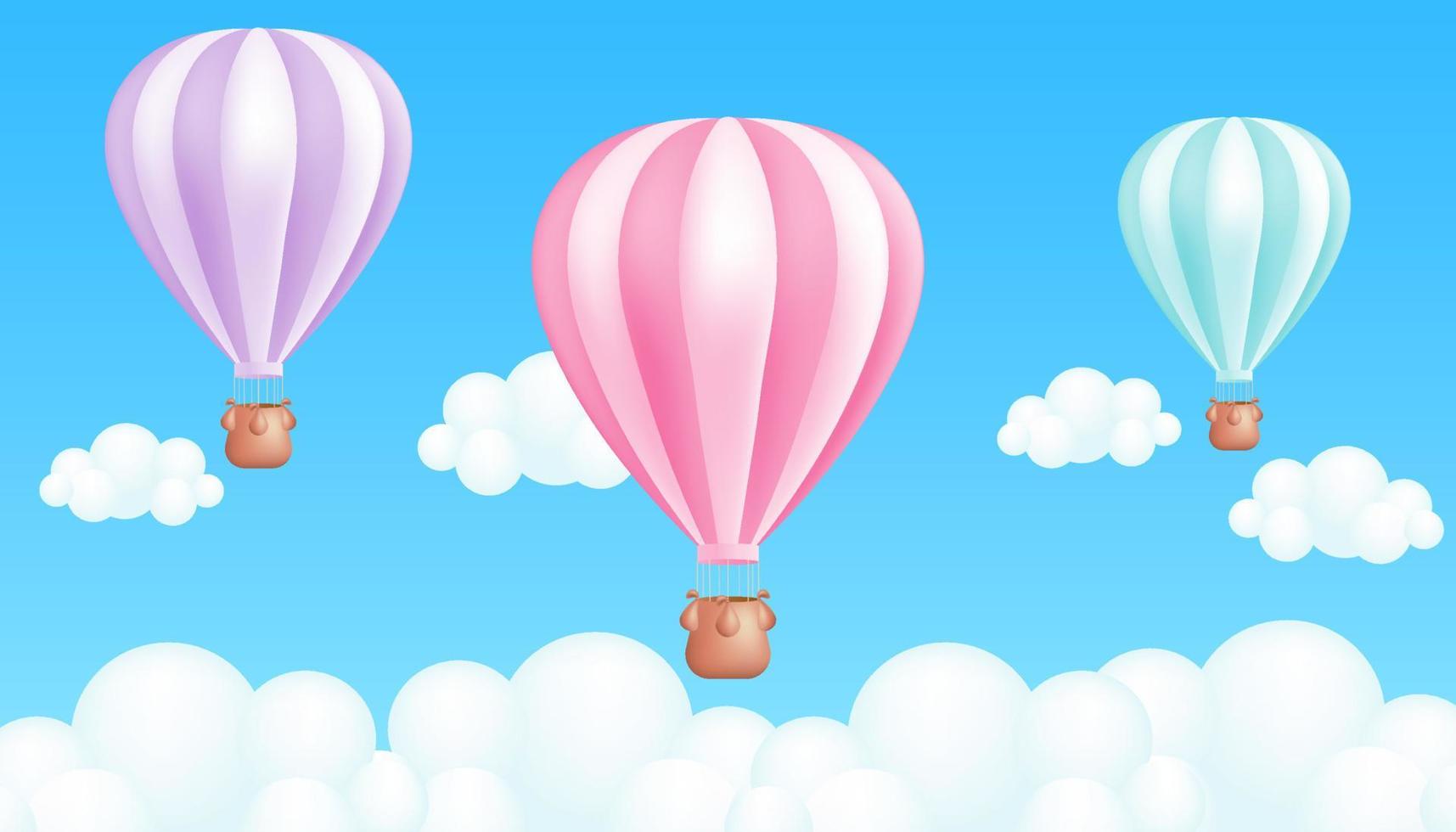 realistisk 3d tecknad serie vektor illustration av en randig varm luft ballong. pastell färger. perfekt för utomhus- aktiviteter, turism, och sommar roligt, festival banderoller och barns illustrationer
