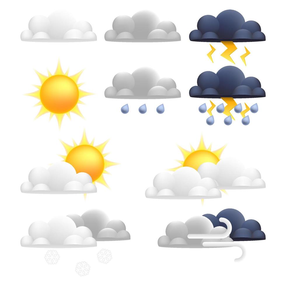 Sammlung von Karikatur 3d Symbole zum Sonnenschein, Regen, Schnee, Gewitter, Nebel. perfekt zum Wetter App Schnittstellen, Wetter Prognose Webseite vektor
