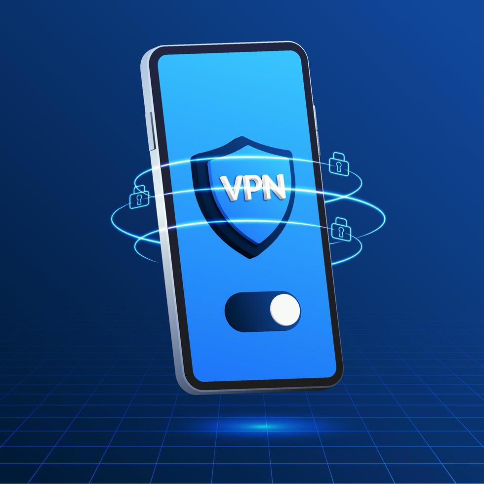 Vektor Illustration von ein Blau Smartphone mit ein Sicherheit Schild. vpn Technologie Privatsphäre und Sicherheit auf das Internet. Banner auf Blau Hintergrund. sichern Zugriff zu online Daten