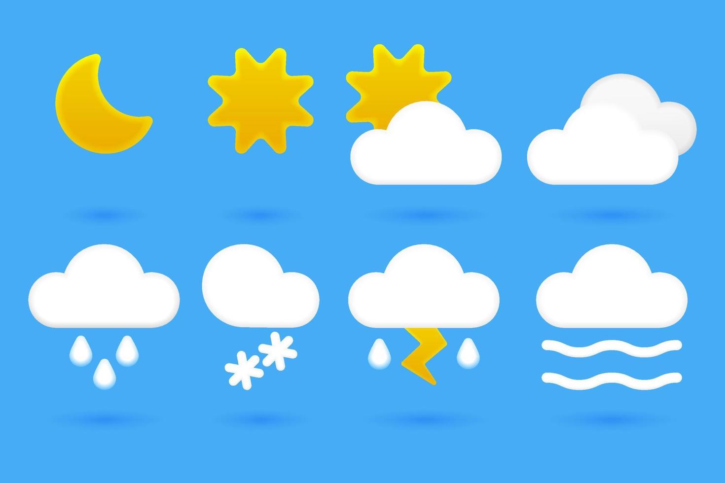 Vektor Illustration einstellen von Wetter Symbole zum verwenden im Netz und Handy, Mobiltelefon Schnittstellen. Sammlung beinhaltet Karikatur 3d Symbole zum Sonnenschein, Regen, Schnee, Gewitter, Nebel. verwenden im Wetter Prognose Apps, Websites