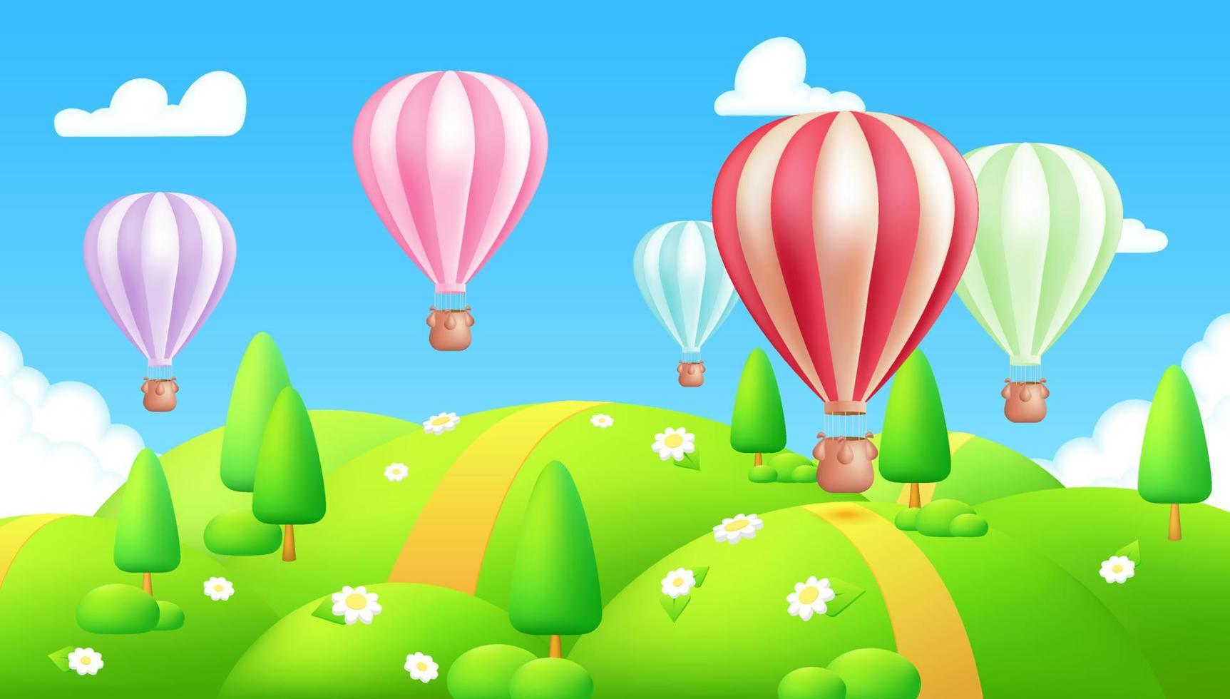 varm luft ballonger, söt luftskepp svävar över grön ängar, färgrik fält, och en fantastisk dal med en panorama- se av de horisont. de 3d tecknad serie design funktioner en blå himmel med fluffig moln. vektor