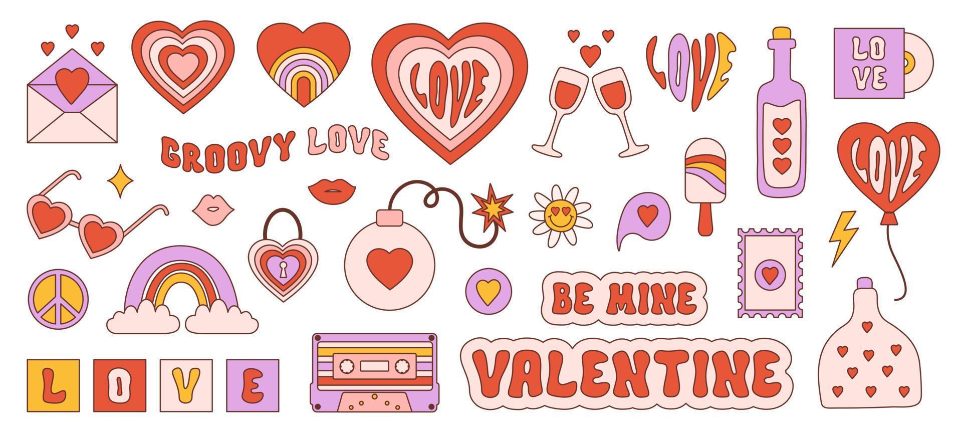 retro groovy valentinstag aufkleber im stil der 60er, 70er jahre. trendige Vintage-Symbole isoliert auf weißem Hintergrund. Vektor-Illustration vektor