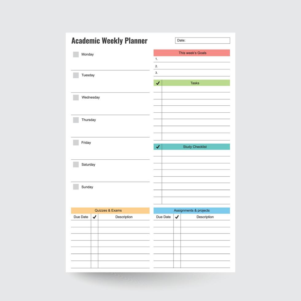 akademisch wöchentlich Planer, Student Planer, druckbar wöchentlich einfügen, wöchentlich einfügen, wöchentlich Tagesordnung, Studie Planer, wöchentlich einfügen, collagieren Planer, Ziel Planer vektor