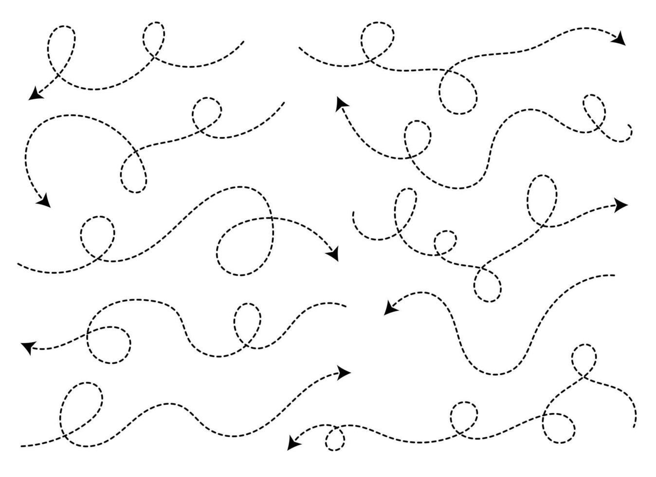 Hand gezeichnet gepunktet Pfeil Form. gebogen Pfeil Linie. Pfeil Symbol Sammlung. Vektor Illustration isoliert auf Weiß Hintergrund