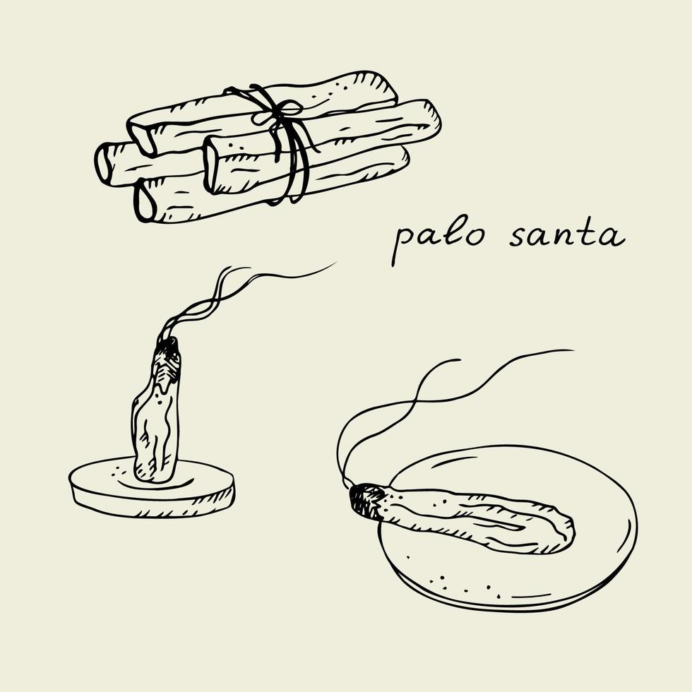 arom pinnar av de helig träd palo santo från latin amerika. en knippa av rökelse och en brinnande pinne för desinfektion och aromterapi. mystisk symbol för andlig öva. vektor illustration