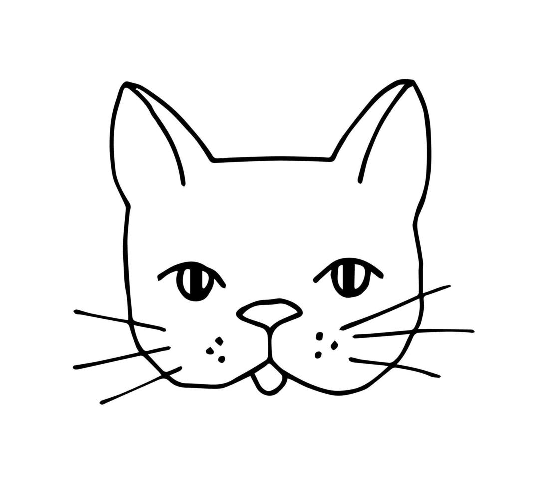 enkel vektor illustration, freehand teckning med en svart linje, söt katt för barn design av klistermärken, tatueringar, grafik, kort. kattdjur tecknad serie ansikte isolerat på en vit bakgrund.