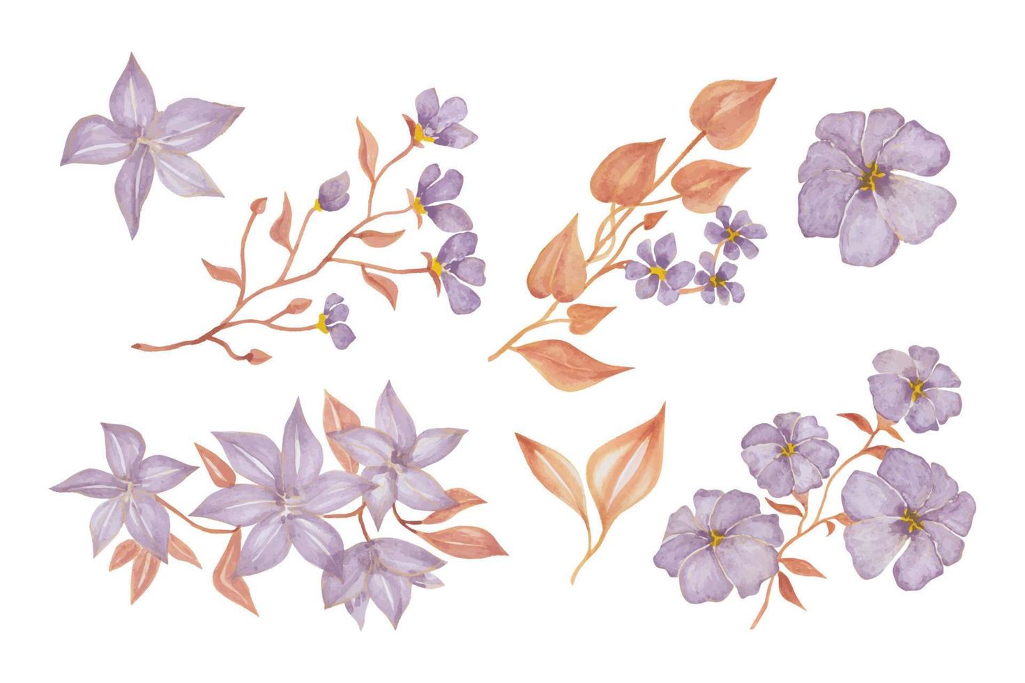 lila Blumen und braun Blätter im Aquarell, Hand gezeichnet Aquarell Vektor Illustration zum Gruß Karte oder Einladung Design