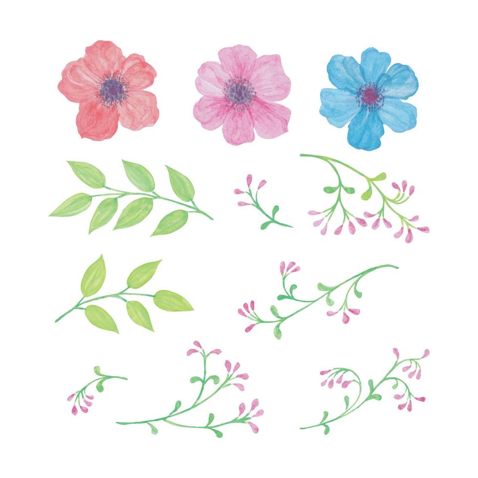 botanisk blommor och löv, colour hand dragen vattenfärg vektor illustration för hälsning kort eller inbjudan design