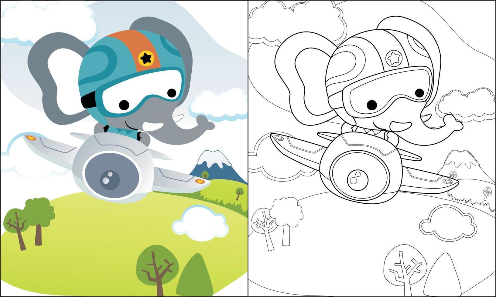 Färbung Buch von komisch Elefant Karikatur Fahren Flugzeug auf Landschaft Hintergrund vektor