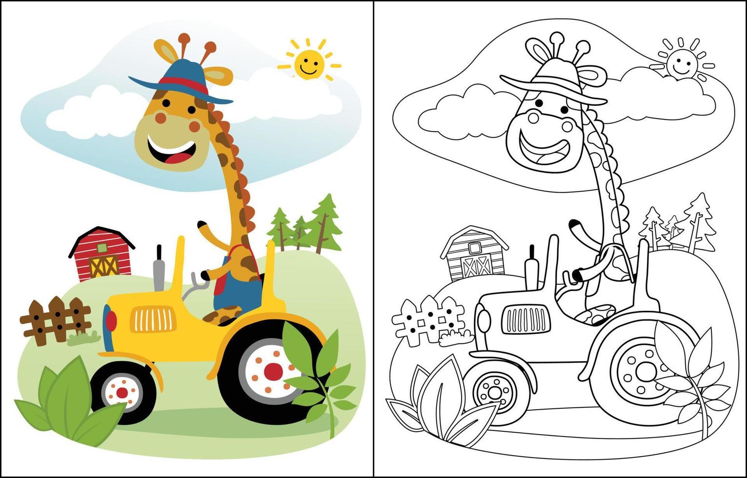 Färbung Buch von Karikatur komisch Giraffe Fahren Traktor auf Landwirtschaft Hintergrund vektor