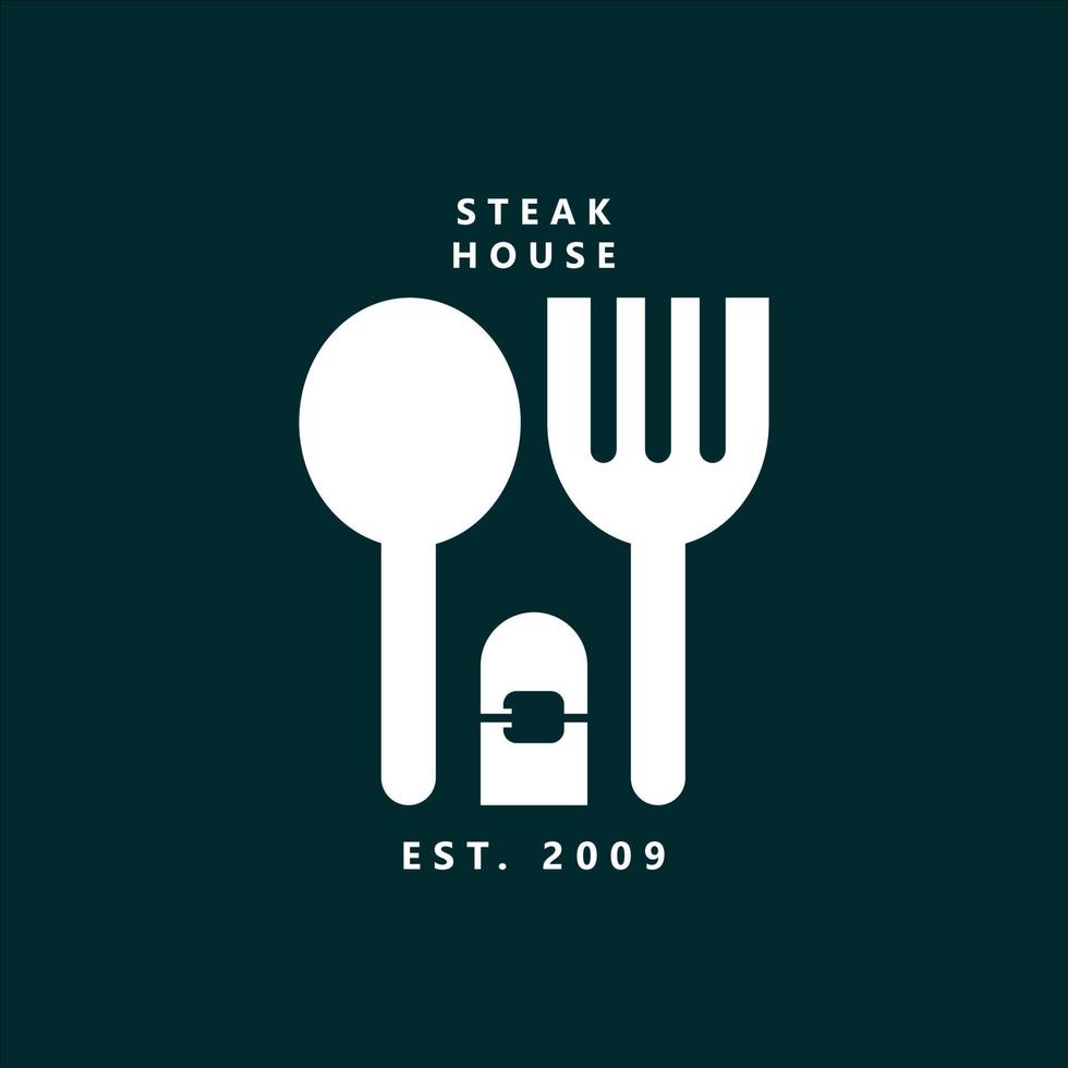 sked och gaffel vektor logotyp med negativ Plats kött grillare. Steak House logotyp. lämplig för mat, måltider, restaurang, grilla, och slakt.