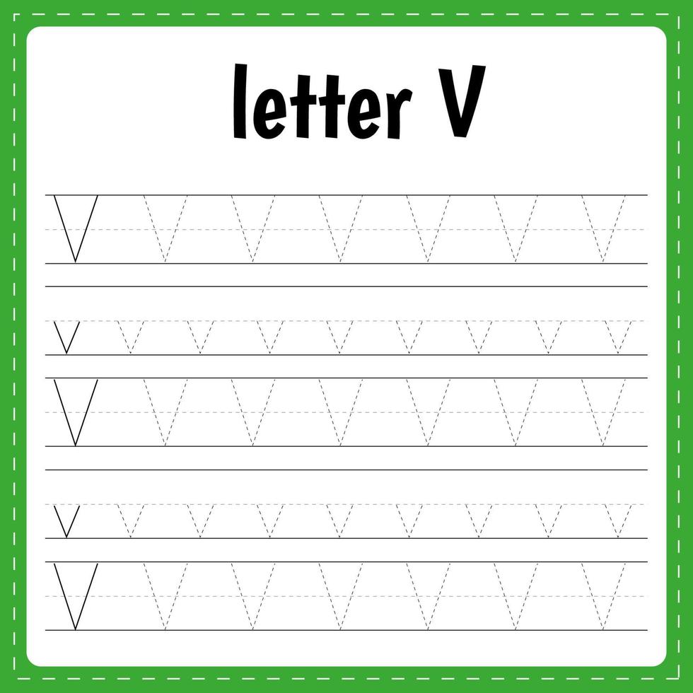 skrivning brev. spårande sida. öva ark. kalkylblad för ungar. lära sig alfabet. brev v vektor