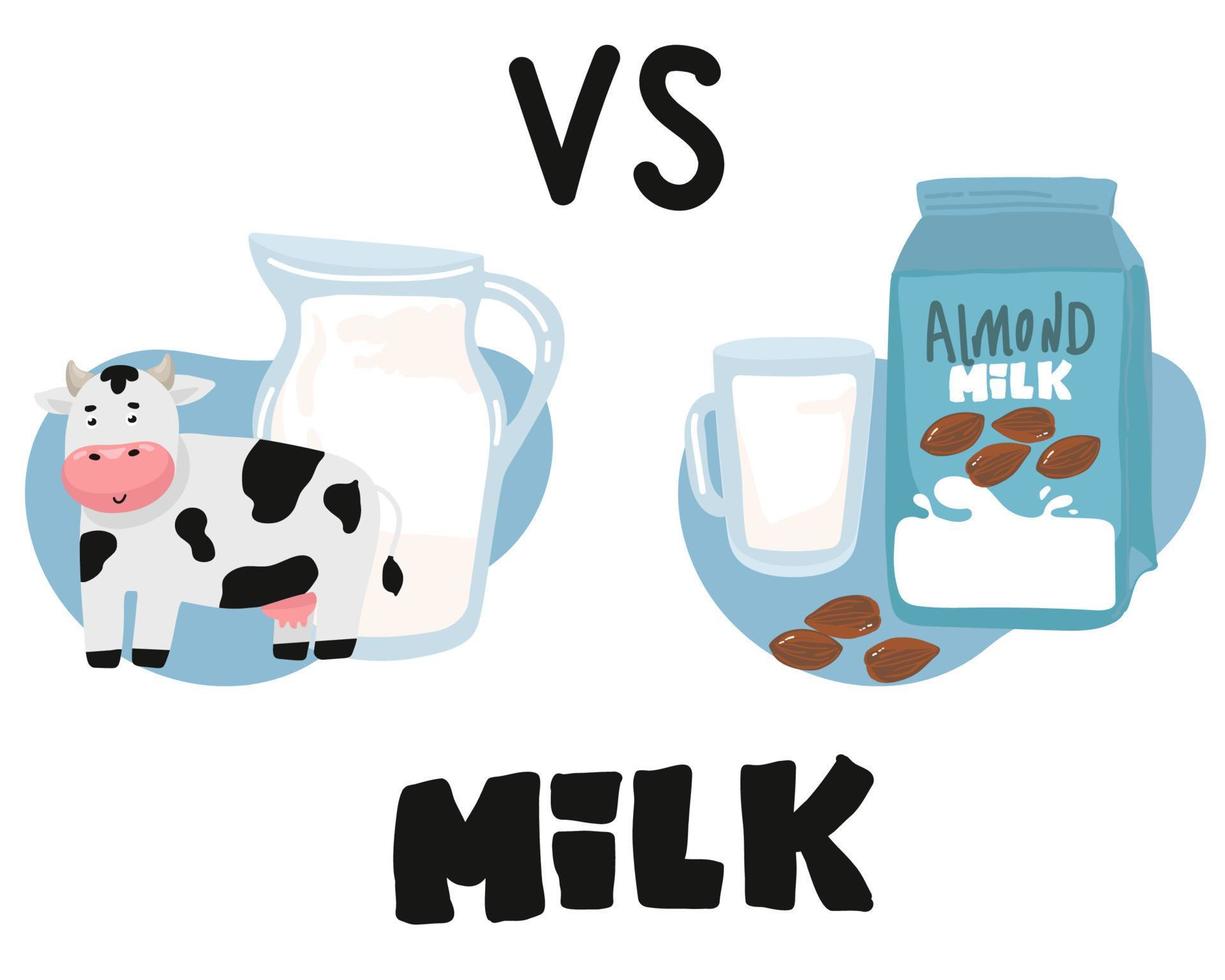 vegetabiliska mjölk mot ko s mjölk Vad är Mer användbar soja, ris, havre, kokos, mandel, kasju, hasselnöt. naturlig, grönsak, ekologisk produkt. laktos fri. vektor illustration på svart bakgrund