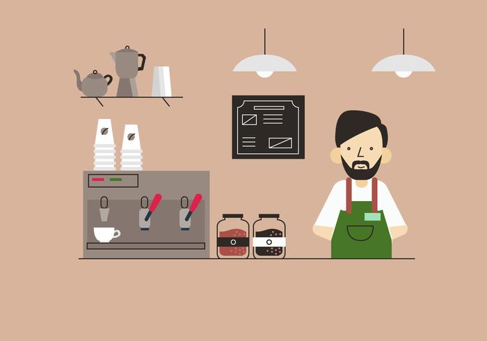 Barista På Coffe Shop Tabell Flat Vektor Bakgrund Illustration