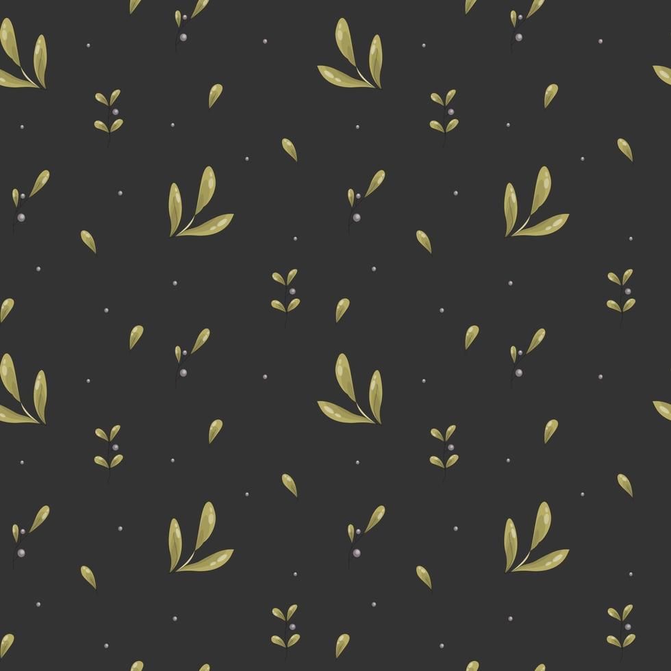 Vektor nahtloses Muster von Olivenblättern und kleinen Beeren auf einem dunklen Hintergrund. Geschenkpapier, Ornament für Bettwäsche