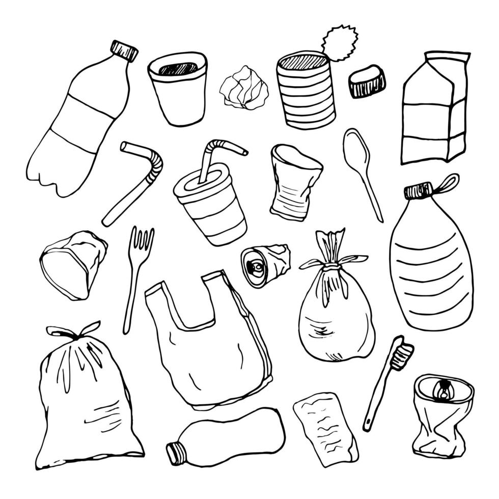 Hand gezeichnet Gekritzel halt Plastik Verschmutzung Symbole set.vektor Illustration skizzenhaft Symbole sammlung.cartoon Konzept Elemente Tasche Flasche recyceln sign.icons zum Erde Tag vektor