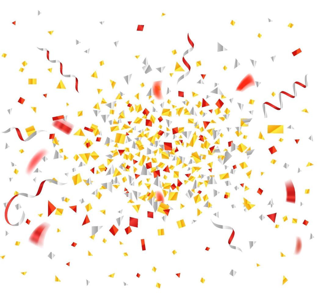 Explosion von Konfetti und Bändern aus Gold- und Rotfolie vektor