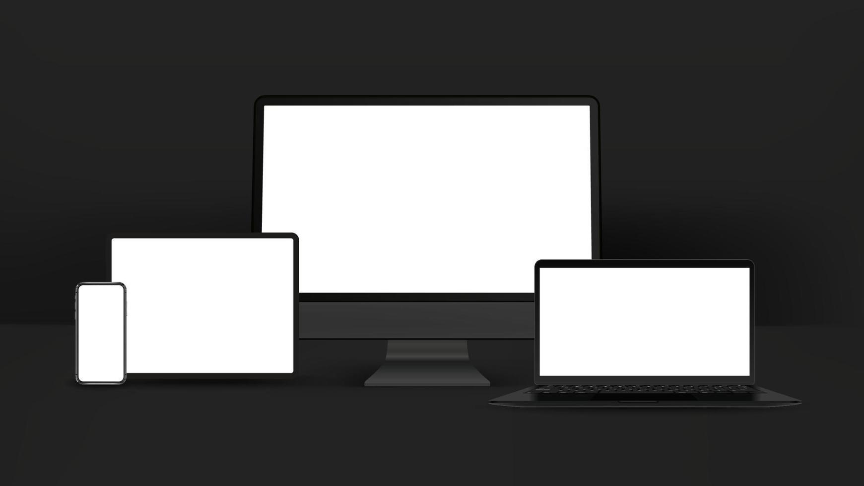 svart smartphone, surfplatta, persondator, bärbar dator isolerad på vit bakgrund. realistisk och detaljerad enhetsmodell vektor