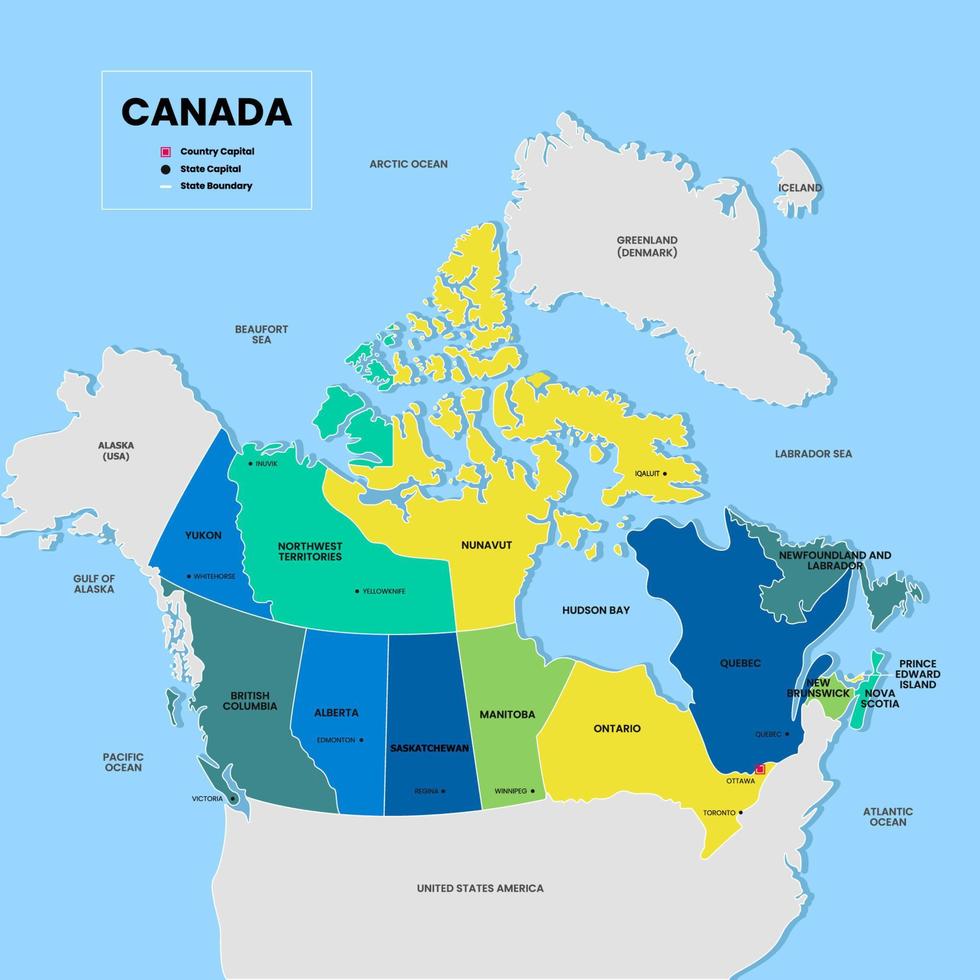färgrik kanada Karta med omgivande gränser vektor