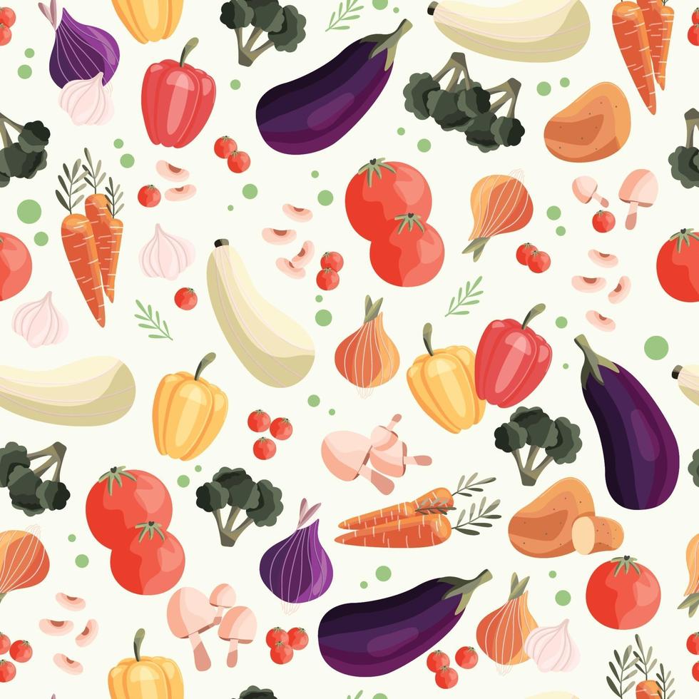 nahtloses Muster mit buntem Gemüse. Hand gezeichnete Vektor-Illustration Design. natürliche Bio-Lebensmittel. Tapeten- und Stoffdesign. vektor