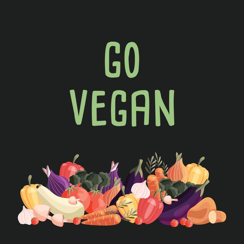 Gehen Sie vegane quadratische Plakatschablone mit Sammlung von frischem Bio-Gemüse. bunte Hand gezeichnete Illustration auf dunkelgrünem Hintergrund. vegetarisches und veganes Essen. vektor