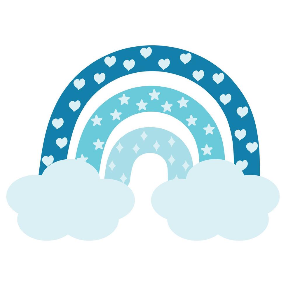 blå boho regnbåge med moln, stjärnor, hjärtan och romber. vektor illustration