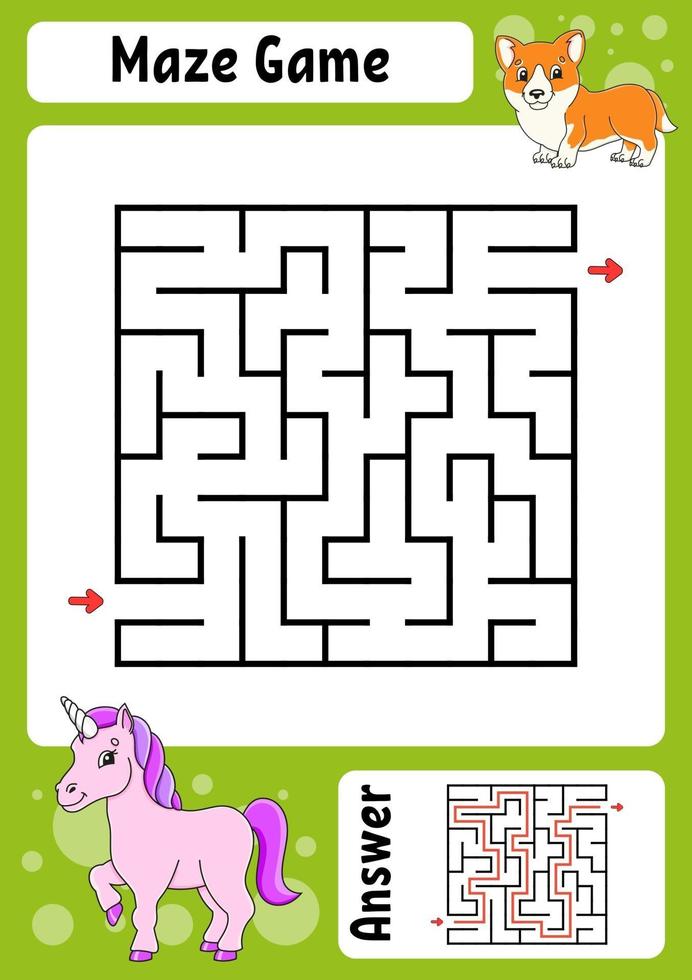 quadratisches Labyrinth. Spiel für Kinder. lustiges Labyrinth. Arbeitsblatt zur Entwicklung von Bildung. Aktivitätsseite. Puzzle für Kinder. Cartoon-Stil. Rätsel für die Vorschule. logisches Rätsel. Farbvektorillustration. vektor