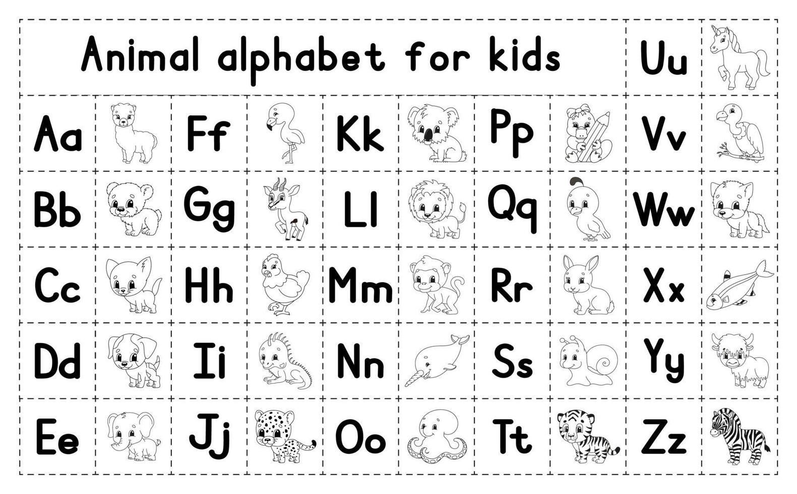 englisches Alphabet mit Comicfiguren. Malvorlagen. Vektorsatz. lerne abc. Klein- und Großbuchstaben. vektor