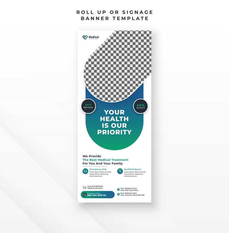 medizinisch Gesundheitswesen Anzeige Poster rollen oben Banner und Beschilderung Design, Klinik Bericht Broschüre Vorlage vektor