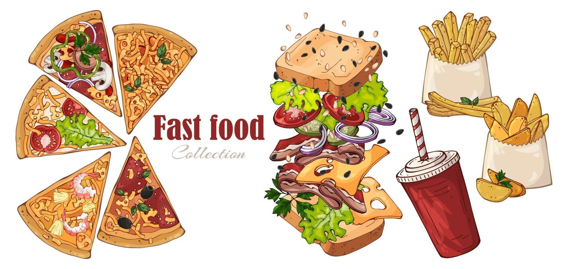 Vektor-Fast-Food-Sandwich, Landkartoffeln, Pizza, Getränk. vektor