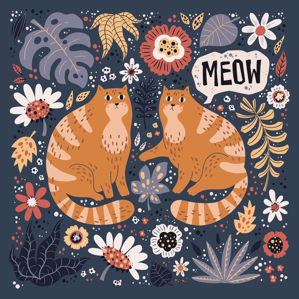 Vektor flache Hand gezeichnete Illustrationen. süße Katzen mit Pflanzen und Blumen.