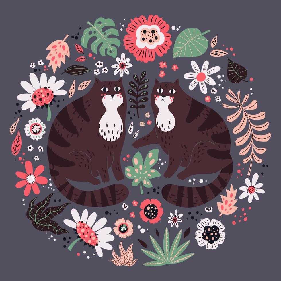 Vektor flache Hand gezeichnete Illustrationen. süße Katzen mit Pflanzen und Blumen.