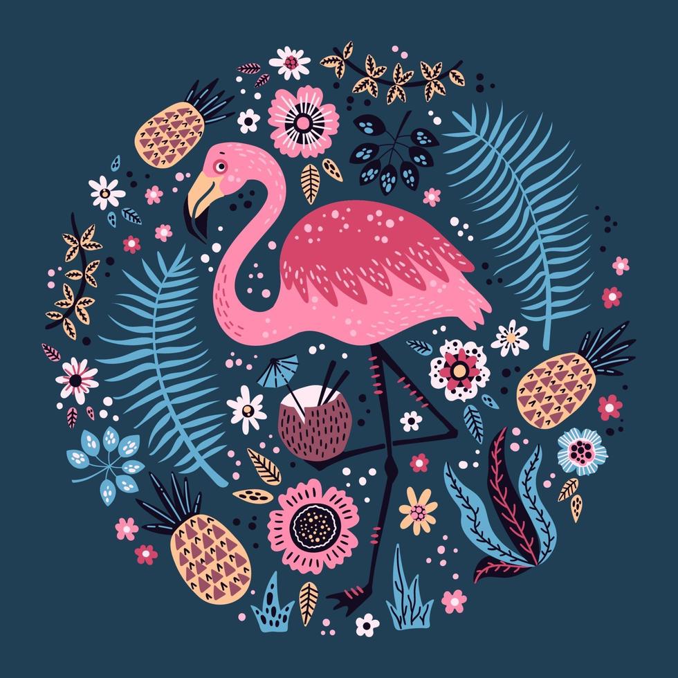 vektor söt flamingo omgiven av tropiska frukter, växter och blommor.