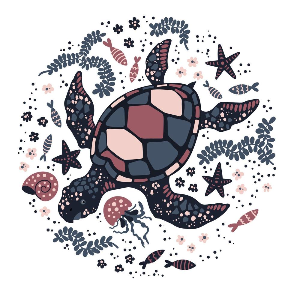 Vektor flache Hand gezeichnete Schildkröte umgeben von Meerespflanzen und -tieren.