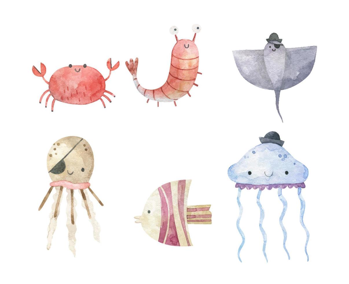 barnslig vattenfärg illustration med rolig hav fiskar, undervattenskablar liv vektor