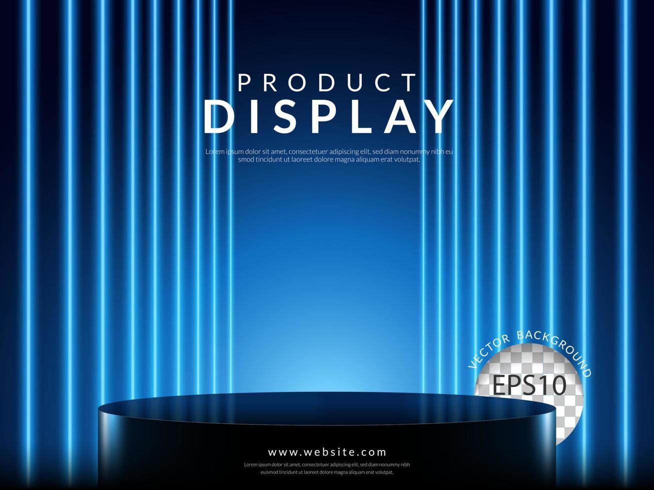 schließen oben leeren schwarz Podium von Produkt Anzeige im dunkel Szene mit Linie Vertikale Blau Neon- Licht auf Hintergrund. Vektor Illustration