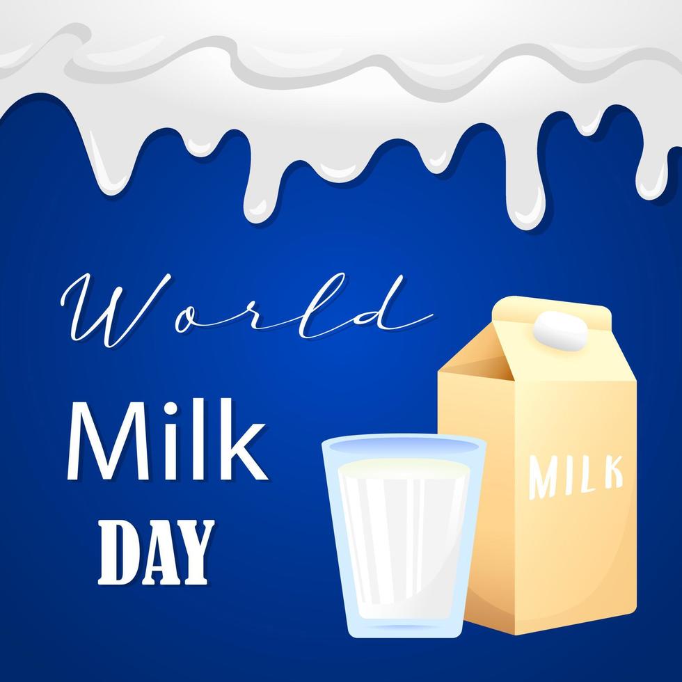 realistisk tecknad serie värld mjölk dag baner. färgrik växt eller laktos mjölk vektor illustration. glas av mjölk, mjölk flaska och mjölk stänk gräns på blå bakgrund.