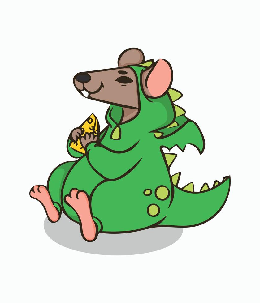 komisch Ratte im Dinosaurier Kostüm und Stück von Käse im Pfoten. Farbe Vektor Illustration. Bild isoliert auf Weiß Hintergrund. Design Element zum Kleidung Schreibwaren Broschüre Speisekarte Poster