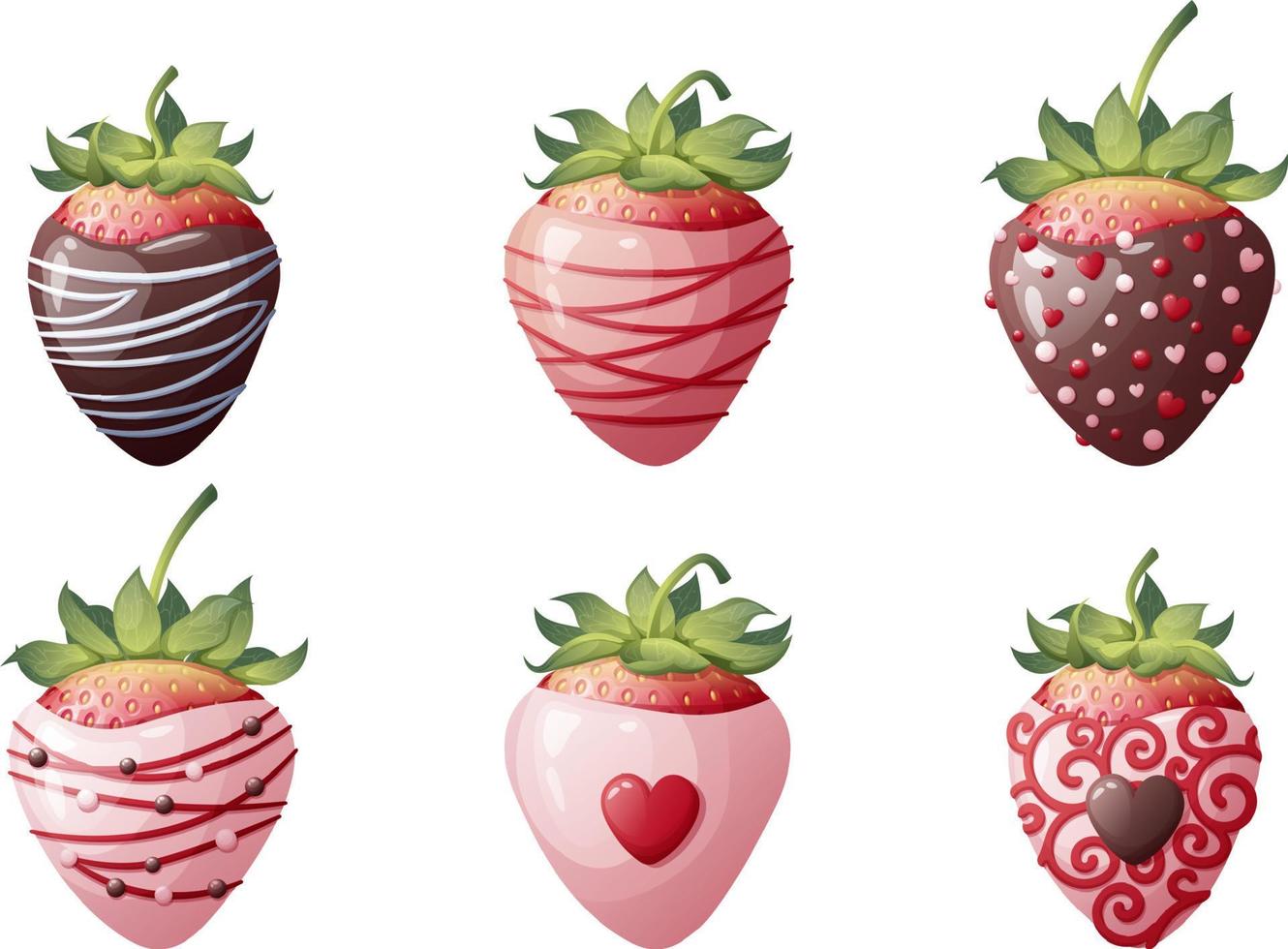einstellen von Erdbeeren im Schokolade mit Dekoration auf ein isoliert Hintergrund. Romantik, Valentinstag s Tag, Süss Nachtisch. Vektor Illustration.