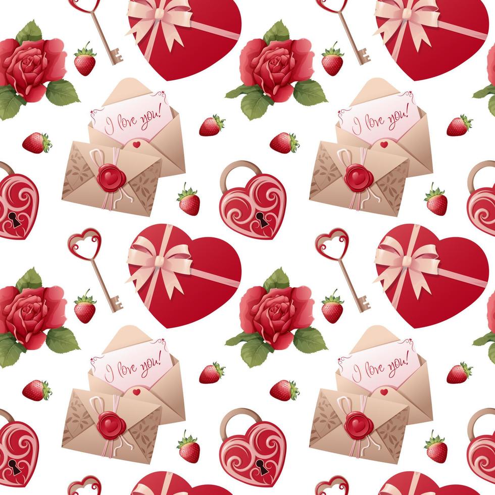 sömlös mönster med reste sig, slott, gåva, jordgubbe, kärlek brev. romantik, valentine s dag. bra för omslag papper, textilier tapeter vektor