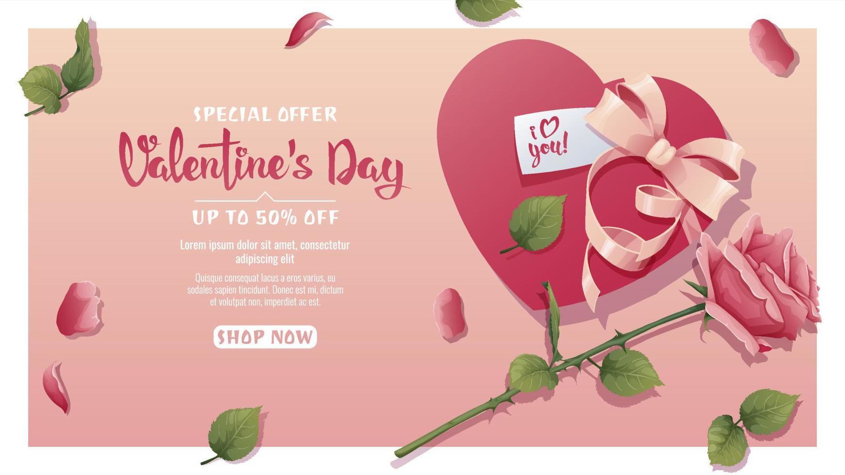 Banner mit Rose Blume und Herz geformt Geschenk mit Bogen. st. Valentinstag s Tag. Poster, Werbung, Hintergrund zum das romantisch Urlaub von Februar 14 vektor