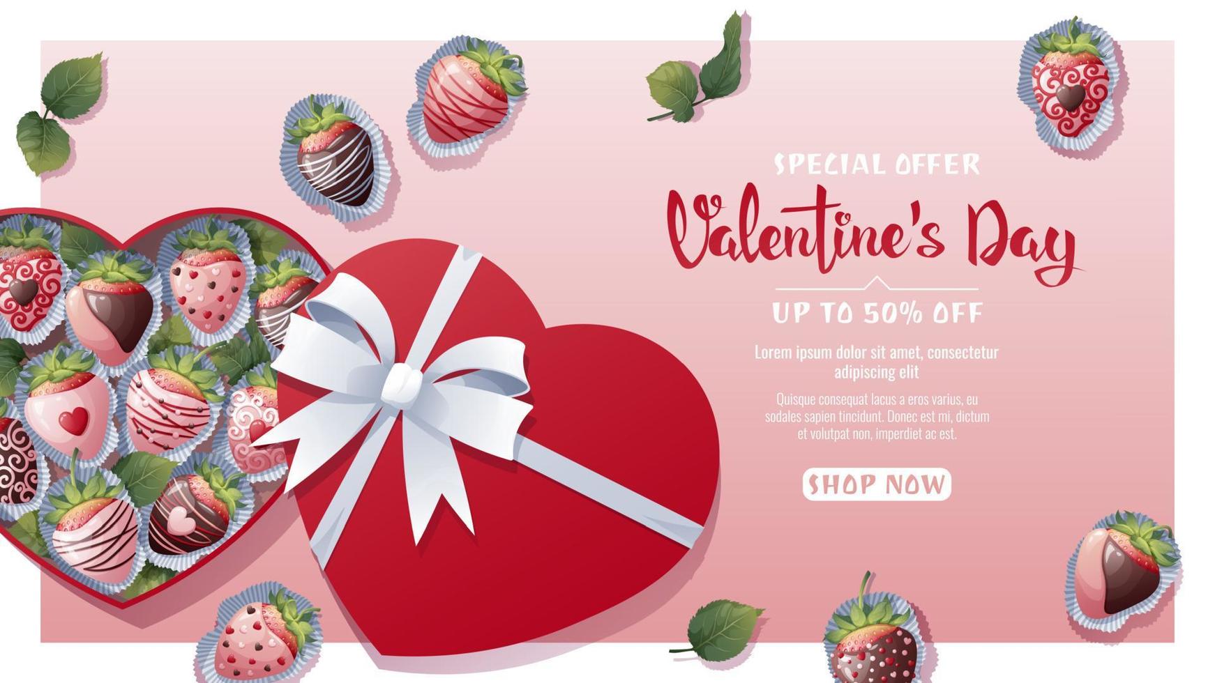 Banner, Poster mit Erdbeeren im Schokolade im ein Herz geformt Kasten. schön Geschenk. romantisch Hintergrund, Flyer Vorlage zum Valentinstag s Tag vektor