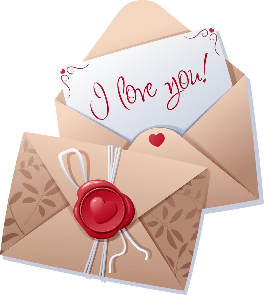 kärlek brev i ett kuvert med en vax täta. bekännelse, jag kärlek du. gåva, valentine s dag. vektor illustration, ikon